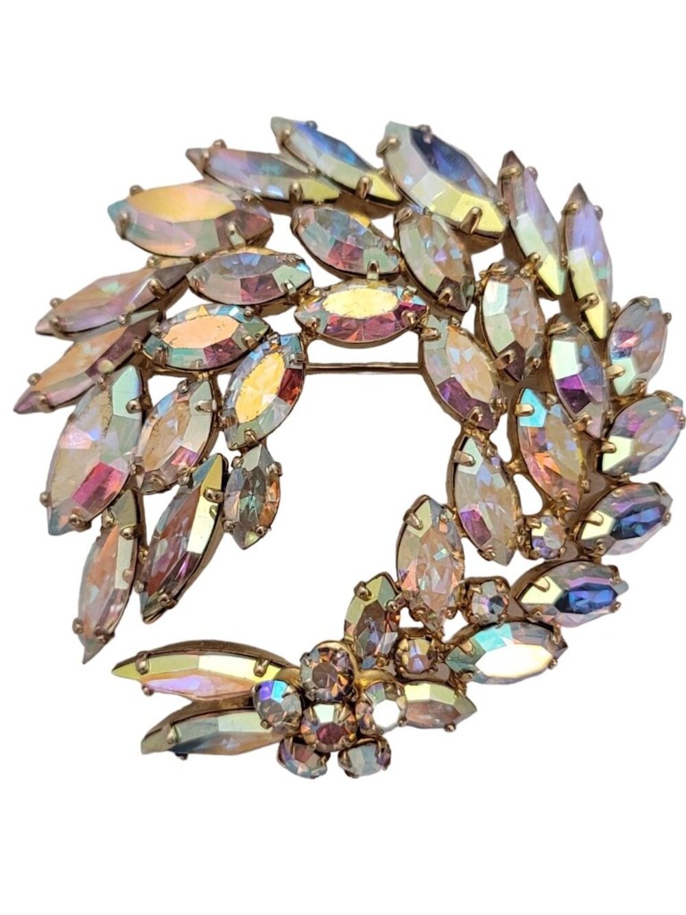 Sherman Gold Tone AB Rhinestone Swag Round Brooch, Signed E819